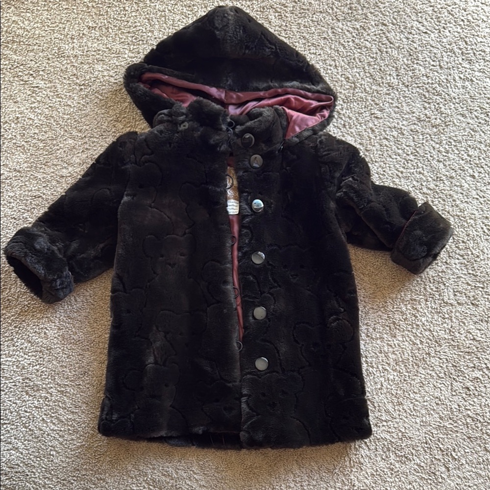 Kids Black Faux Fur Hooded Coat